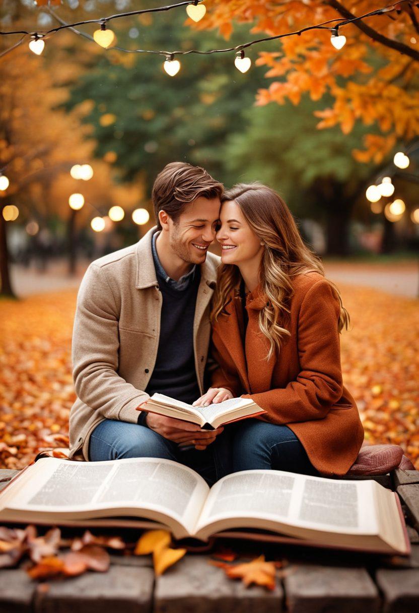 A tender scene depicting a couple sitting on a park bench, sharing a moment of laughter as they connect over an open book of love stories. Surround them with soft, glowing fairy lights in the background and colorful autumn leaves falling around. Use warm, inviting colors to evoke a sense of intimacy and warmth. Include subtle details like handwritten notes or hearts in the margins of the book. super-realistic. warm colors. soft focus.
