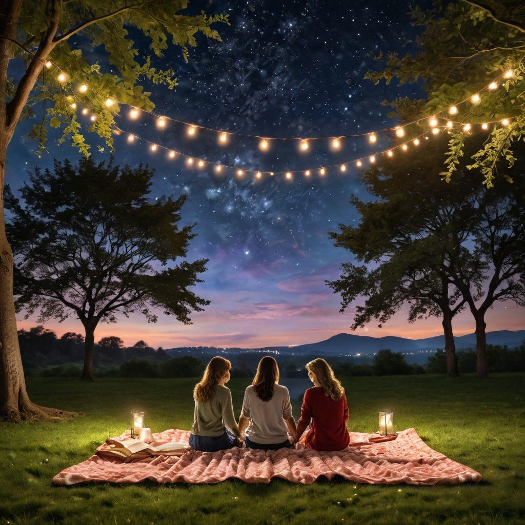 A romantic scene depicting a couple holding hands under a starlit sky, surrounded by soft, glowing lights symbolizing emotional intimacy. Incorporate elements like a cozy picnic blanket, a few scattered books about love, and gentle, warm colors to evoke a heartfelt atmosphere. The background should be lush with gentle greenery and blossoming flowers, enhancing the feeling of romance and connection. super-realistic. vibrant colors. dreamy ambiance.