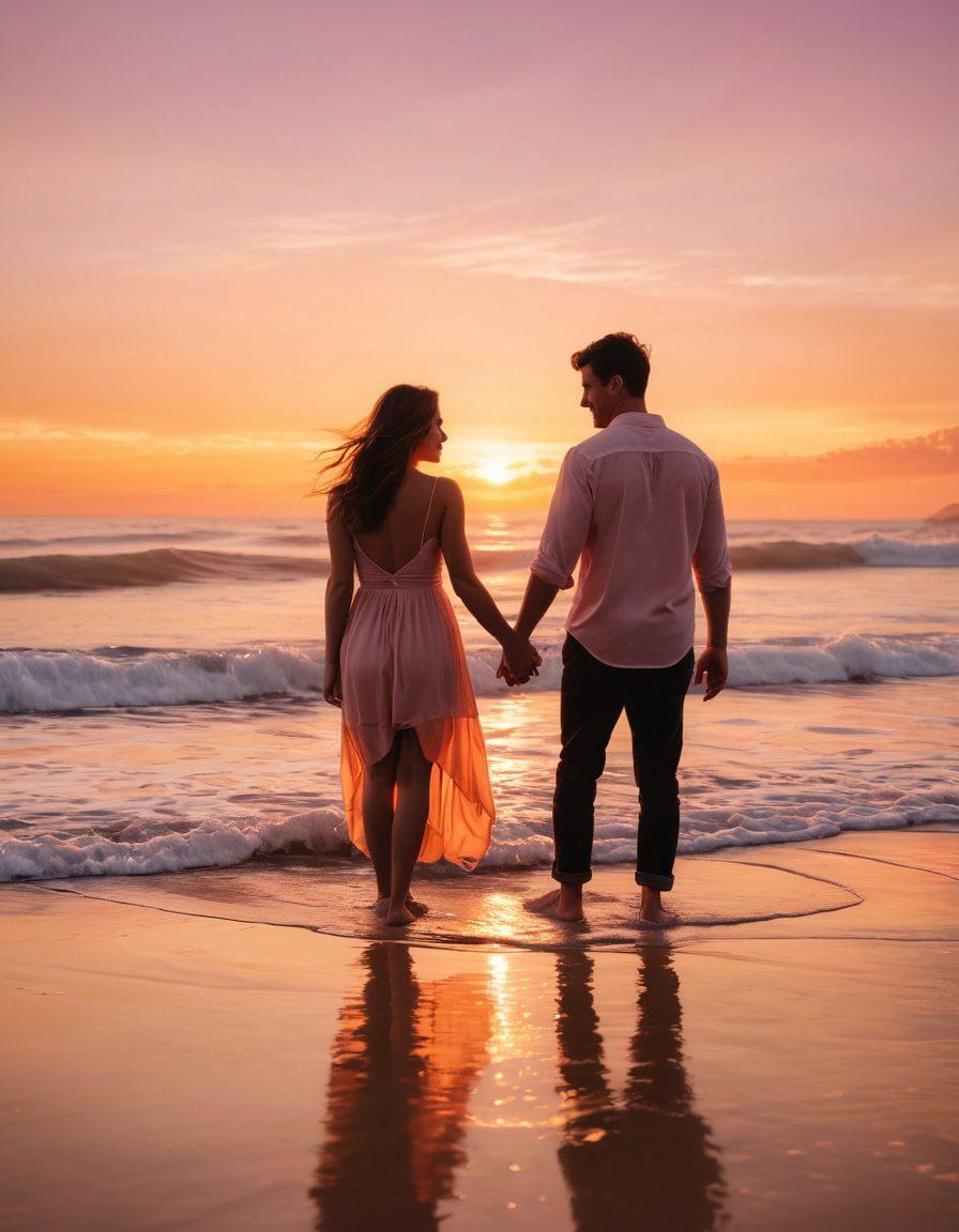 A romantic sunset scene at a beach with a couple holding hands, surrounded by soft, glowing fairy lights. The ocean waves gently lapping at the shore, symbolizing intimacy and connection. Incorporate delicate pink and orange hues in the sky, enhancing the warmth of romance. The couple is smiling at each other, capturing the essence of lasting love. super-realistic. warm colors. dreamy ambiance.